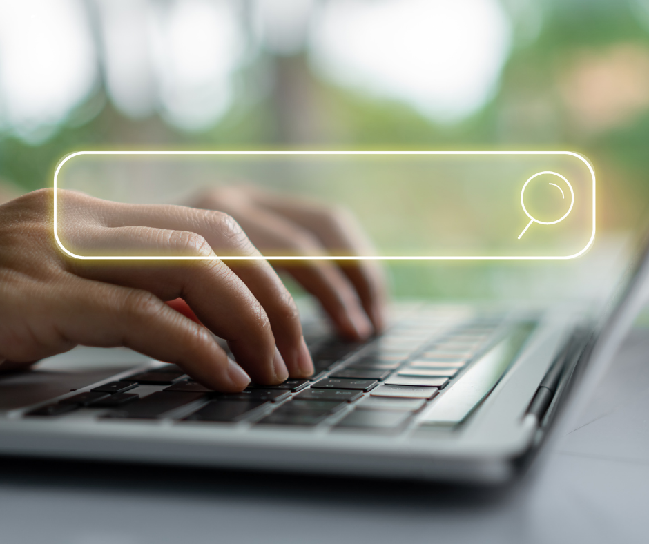 searching online man 's hands searching on a laptop with web search icon and copy space