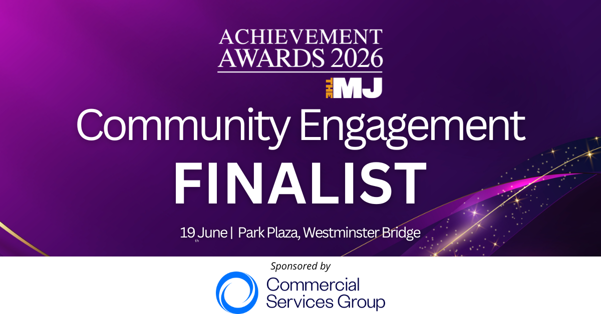 Purple gradient promotional graphic reading ‘Achievement Awards 2026 – Community Engagement Finalist.’ Event details state ‘19 June | Park Plaza, Westminster Bridge,’ with The MJ logo at the top and ‘Sponsored by Commercial Services Group’ at the bottom, accented by gold light trails.
